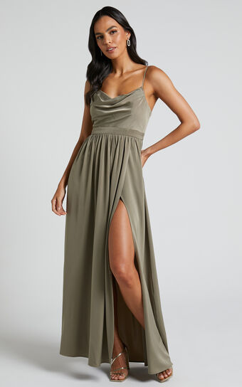 Gemalyn Maxi Dress - Cowl Neck Thigh Split Dress in Olive