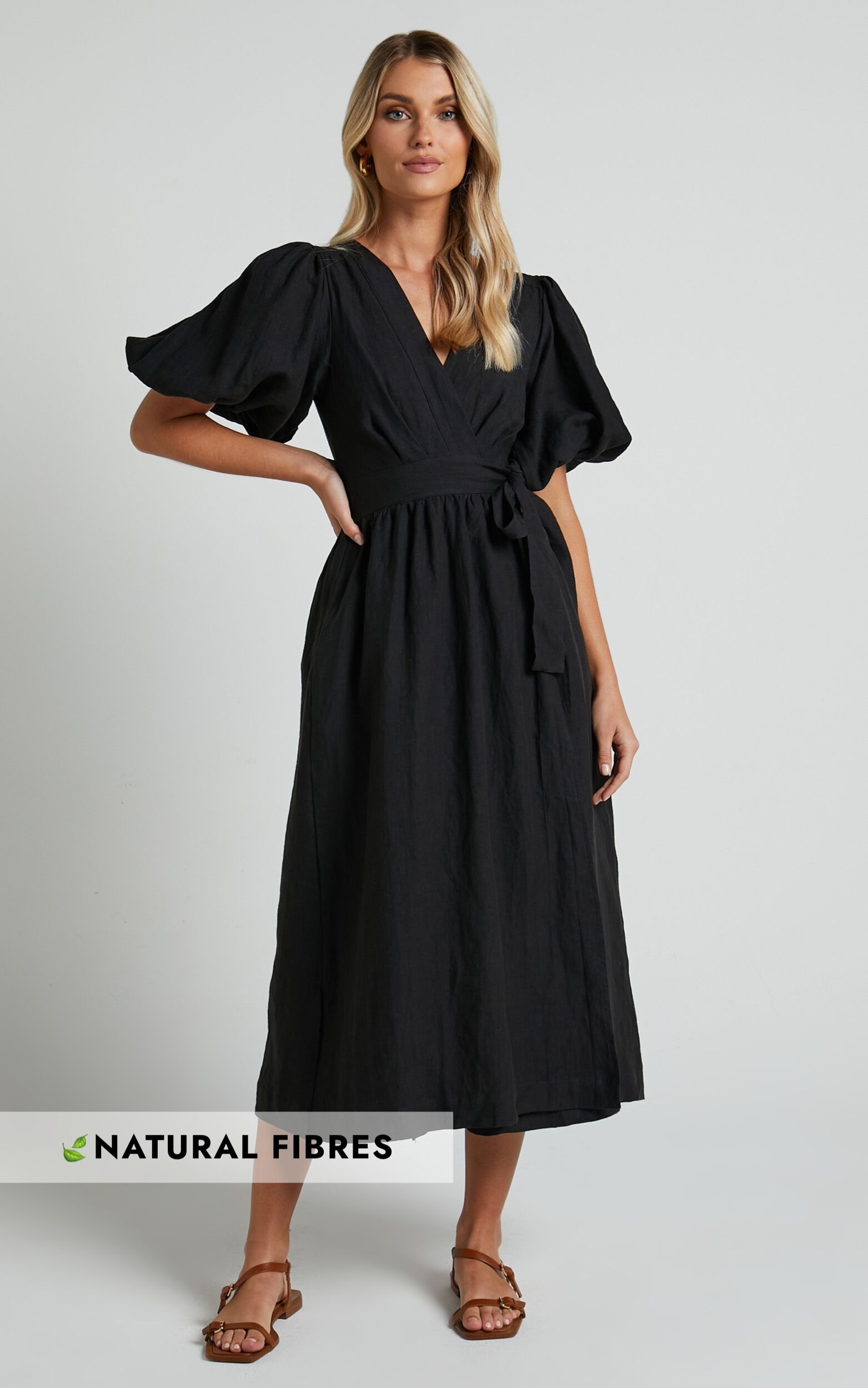 Amalie The Label Franc Midi Dress - Linen Puff Sleeve Wrap in Black - 12, BLK1