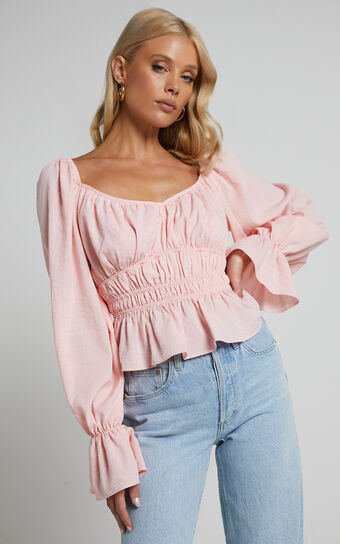 Isa Long Sleeve Elastic Detail Ruched Waist Top in Dusty Pink