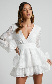 Jammae Long Sleeve Plunge Playsuit in White Burnt Out Floral