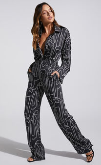 Janissa Pants - High Waisted Wide Leg Pants in Black and White Linear
