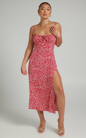 Willa Midi Dress with Shirred Bust Detailing in Red Floral