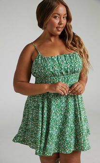 Liahna Ruched Bust A line Mini Dress in Green Floral