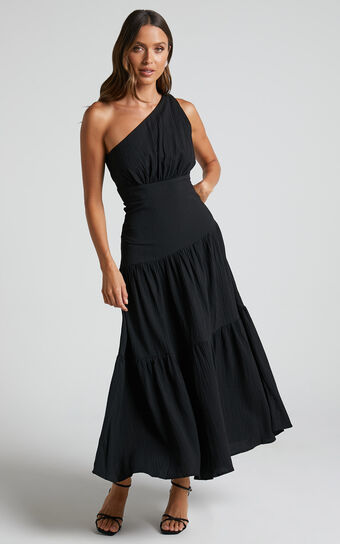 Celestia Midi Dress - Tiered One Shoulder Dress in Black