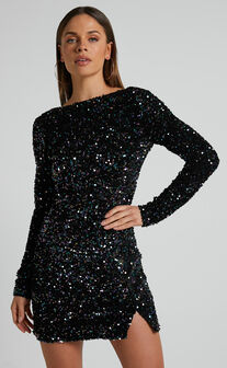 Tracy Mini Dress - Fitted Long Sleeve Backless Dress in Black