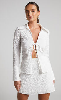 Arabelle Two Piece Set - Tie Front Long Sleeve Top and Mini Skirt in White
