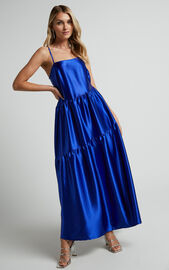 Kamari Midi Dress - Asymmetrical A Line Tiered Dress in Cobalt Blue | Showpo