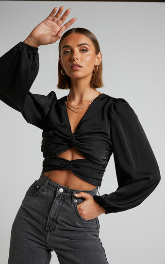 Ransley Top - Cut Out Twist Front Long Sleeve Blouse in Black