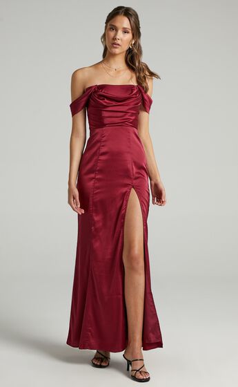 Faye Off the Shoulder Maxi Dress in Wine Satin
