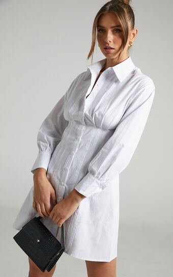 Violeta Mini Shirt Dress with Tuck Details in White