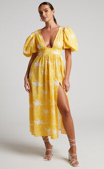 Ailiza Midi Dress - Puff Sleeve Open Back Dress in Yellow Floral