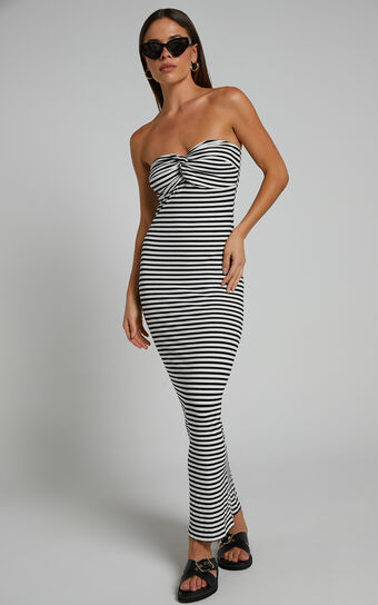 Aravis Twist Detail Strapless Midi Dress in Black and White Stripe