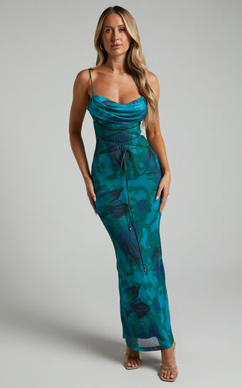 Ariel Midi Dress - Mesh Bodycon Tie Detail Dress in Green Blur