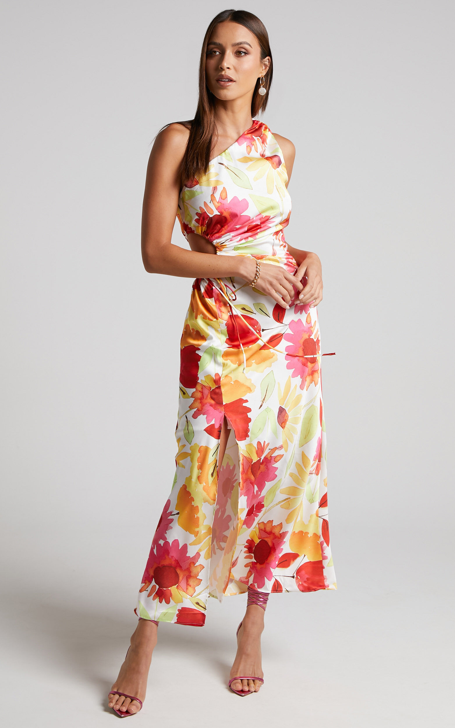 Leanora Maxi Dress - Side Cut Out One Shoulder Satin Dress in Pink Floral - 06, PNK1