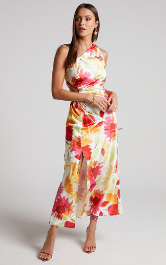 Leanora Maxi Dress - Side Cut Out One Shoulder Satin Dress in Pink Floral