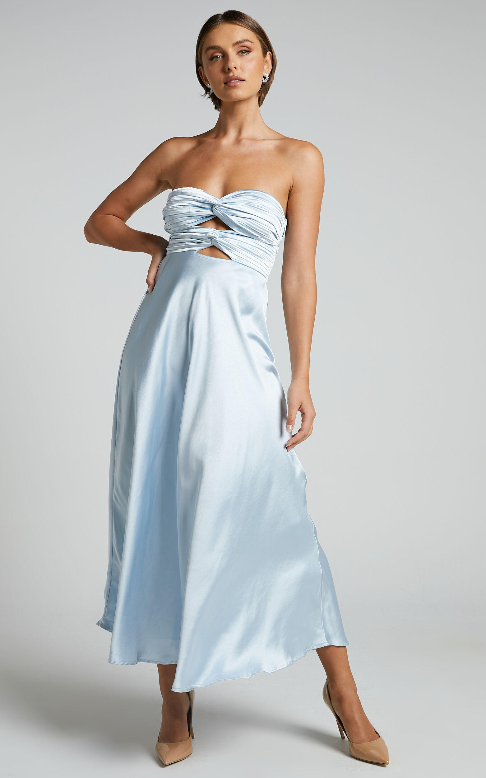raid I fare tand Almaeh Midi Dress - Twist Front Cut Out Strapless Slip Dress in Pale Blue |  Showpo USA