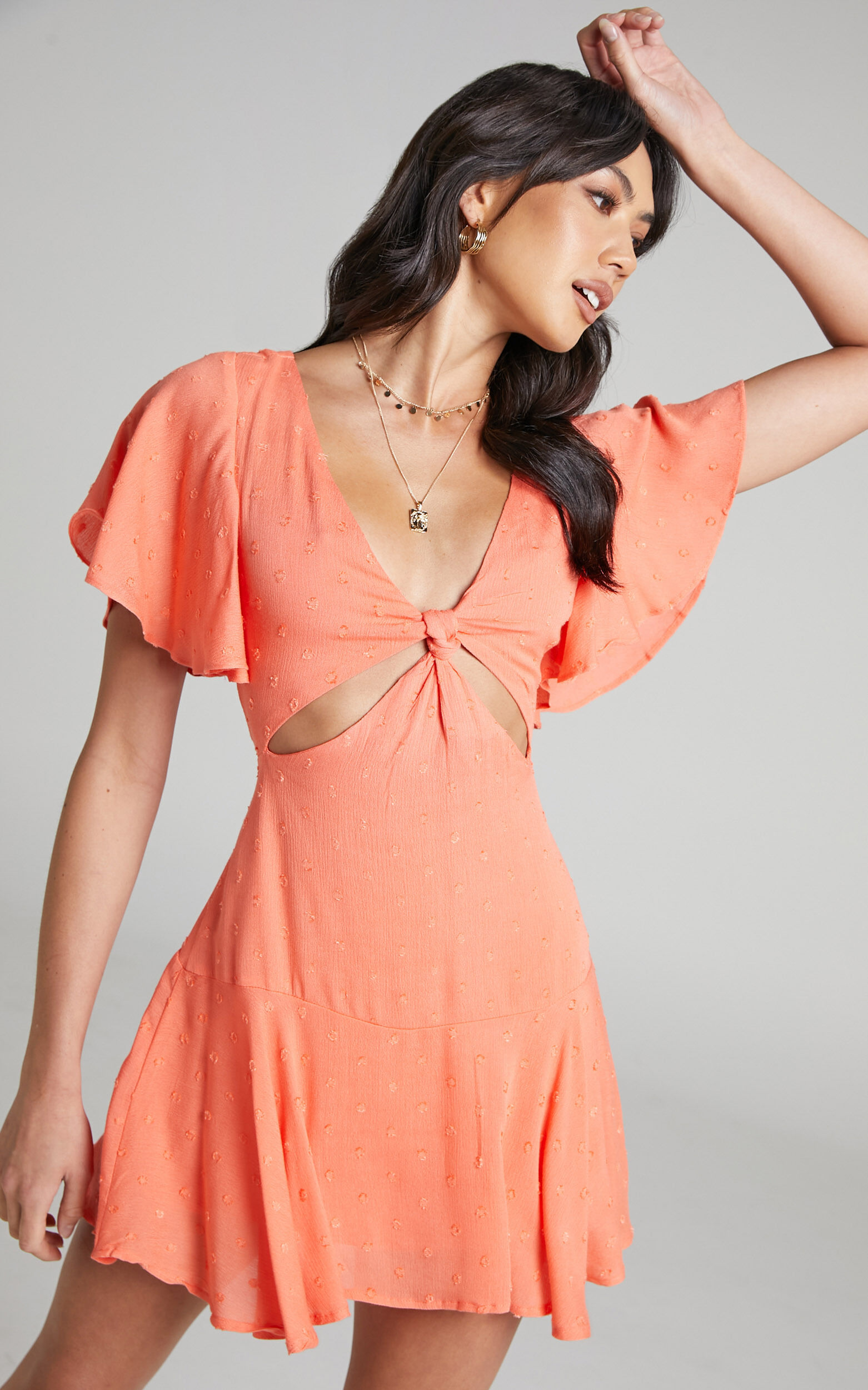 Daydream Angel Sleeve Knot Front Ruffle Mini Dress in Rust - 04, BRN1, super-hi-res image number null