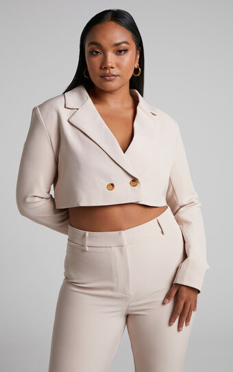 Lorena Cropped Double Breasted Blazer in stone