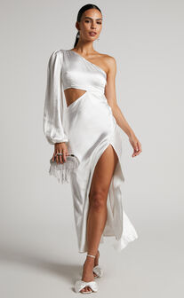Arichie Midaxi Dress - Cut Out One Shoulder Balloon Sleeve Dress in White