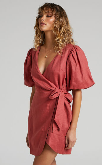 Amalie The Label - Apolline Linen Puff Sleeve Wrap Mini Dress in Dusty Rose