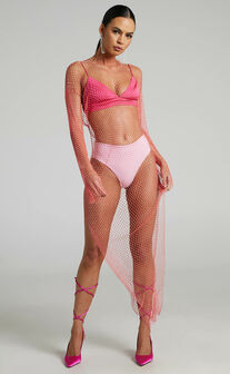 Hanica Diamante Mesh Long Sleeve Maxi Dress in Neon Pink