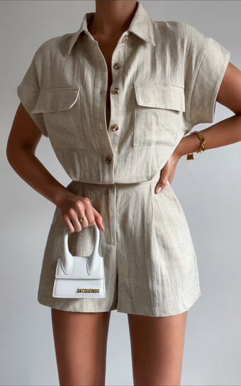 Jhaima Playsuit - Collared Button Up Playsuit in Oatmeal