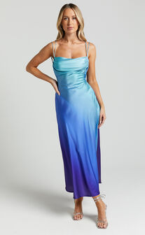 Sumara Midi Dress - Cowl Neck Satin Dress in Blue Ombre