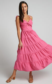 Leticia Maxi Dress - Twist Front Tie Strap Tiered Dress in Hot Pink