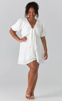 Rosalei Puff Sleeve Tie Front Mini Dress in White