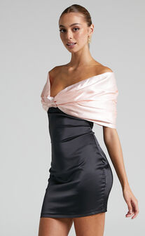 Verlyn Off Shoulder Statement Bow Satin Mini Dress in Black/Pink