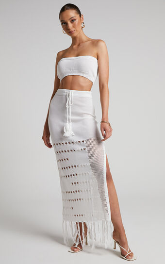 Lexie Two Piece Set - Crochet Bandeau Crop Top and Midi Skirt in White
