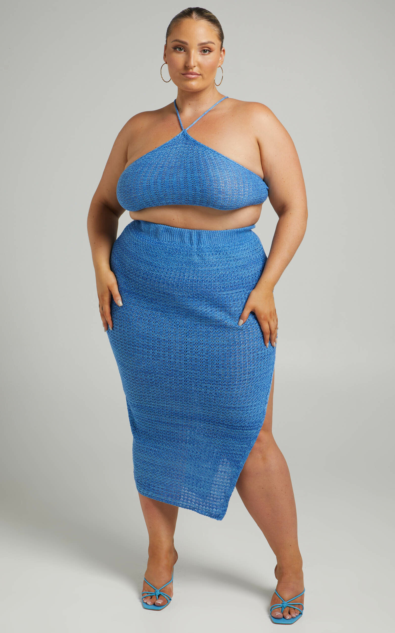 Missy Chevron Crochet Midi Skirt Two Piece Set in Blue - 04, BLU1