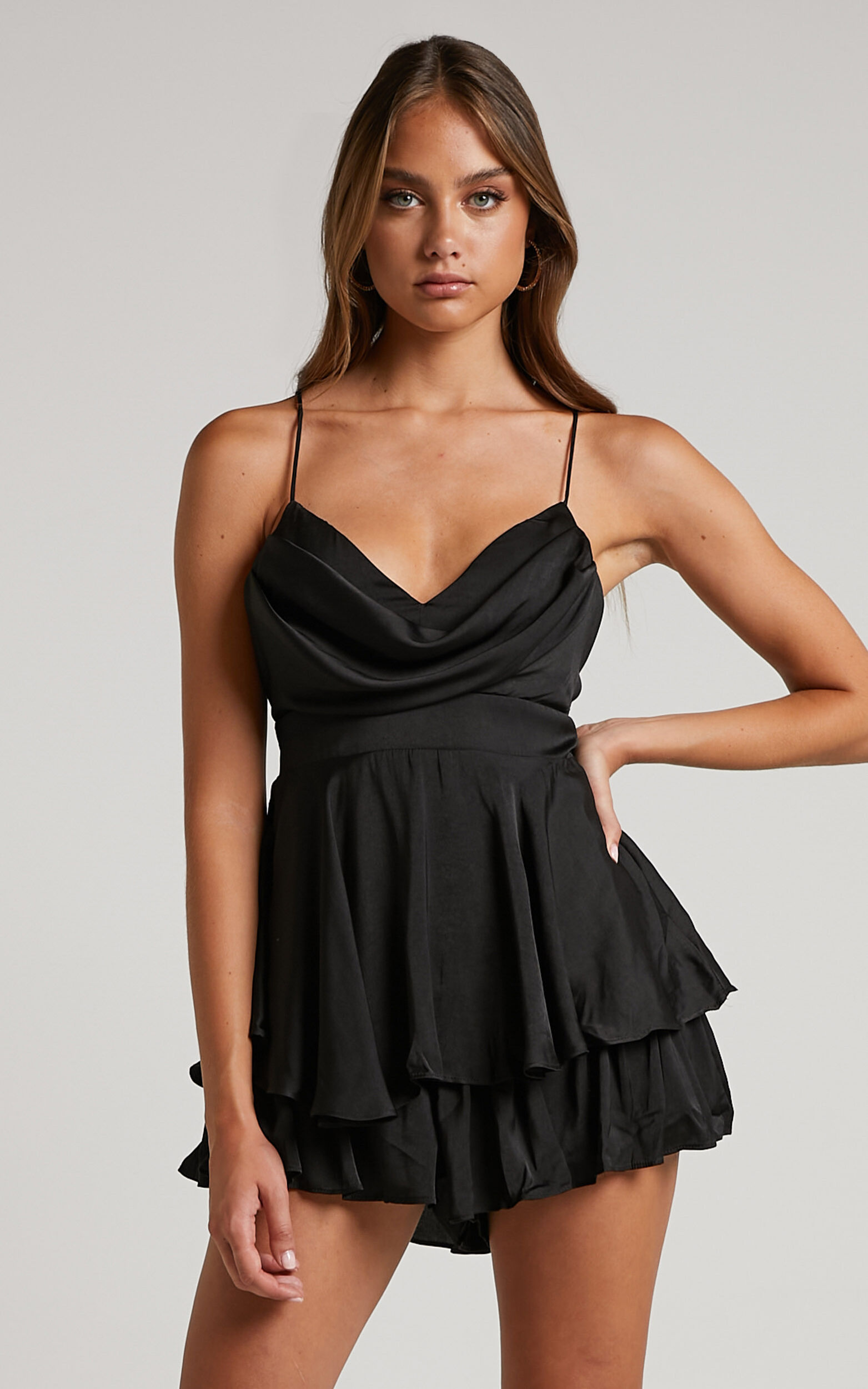 Delany Playsuit - Cowl Neck Layered Frill Playsuit in Black | Showpo USA