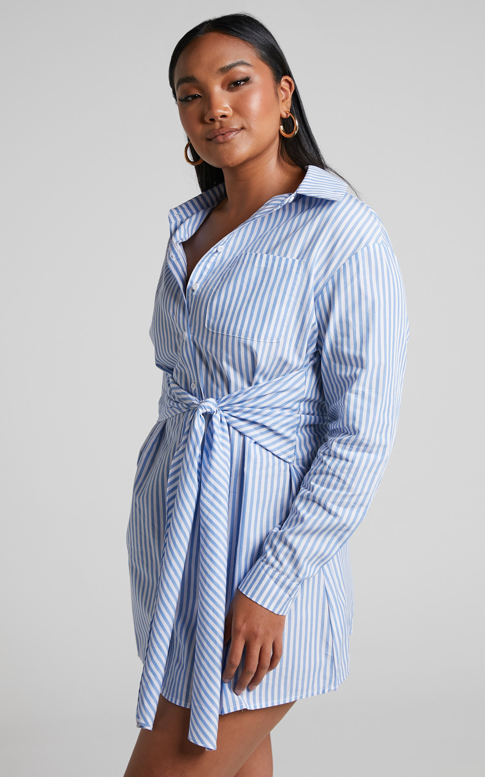 Macie Mini Dress - Tie Front Shirt Dress in Blue - 06, BLU1, super-hi-res image number null