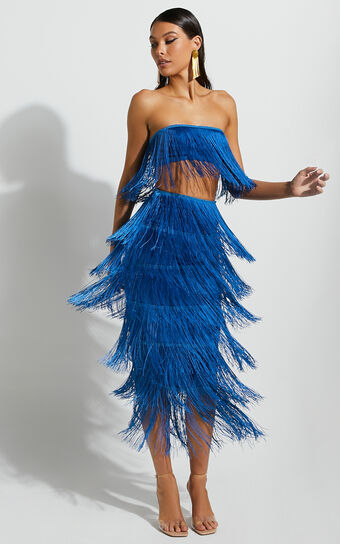 Amalee Fringe Strapless Crop Top and Midi Skirt Two Piece Set in Cobalt Blue