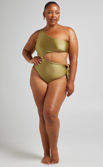 Kiawah One shoulder Swimsuit with Waist Cut Out in Olive