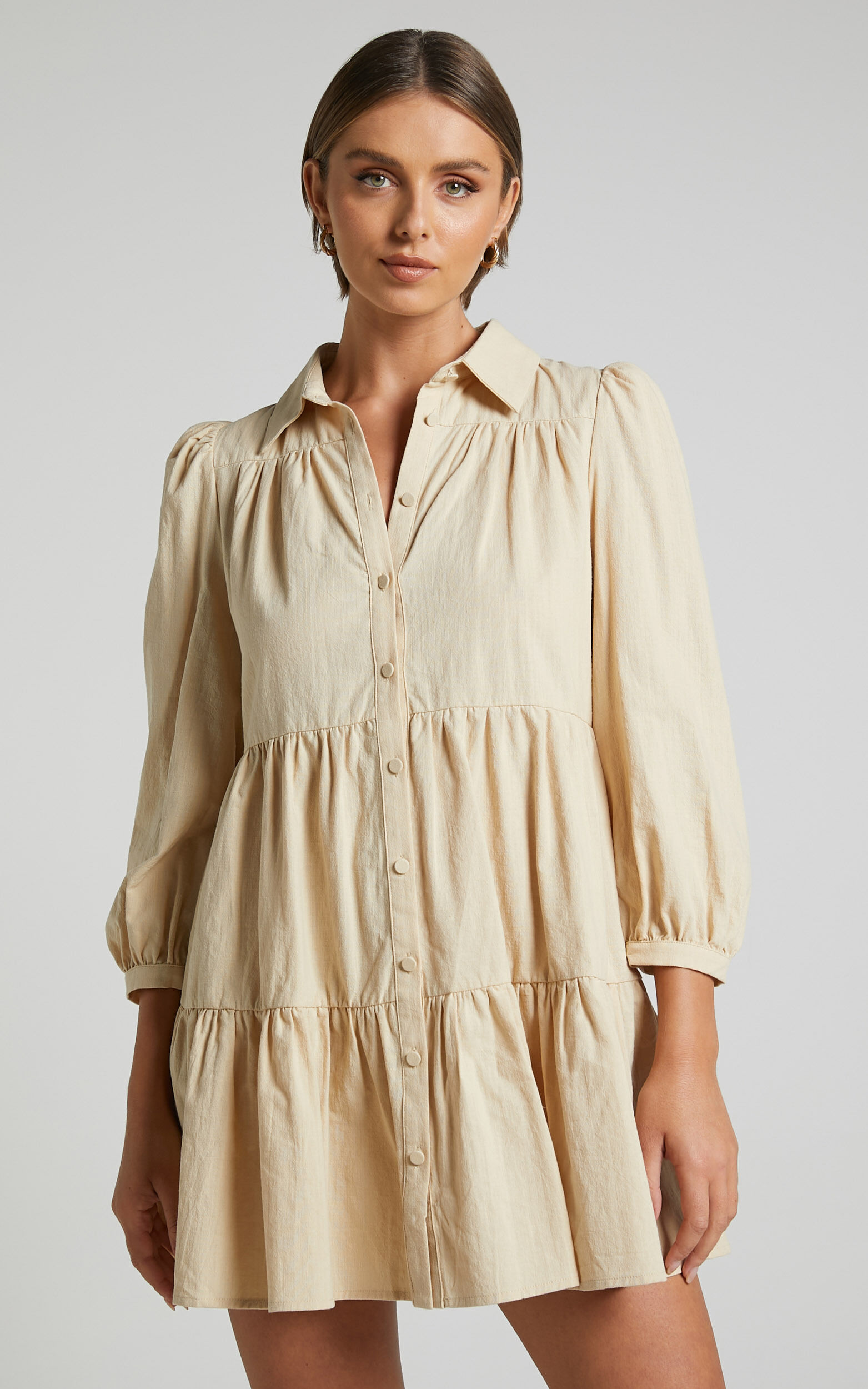 Chalmer Mini Dress - Tiered Long Sleeve Shirt Dress in Sand - 04, NEU1