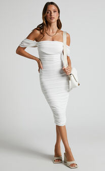 Ardina Off Shoulder Ruched Midi Dress in White