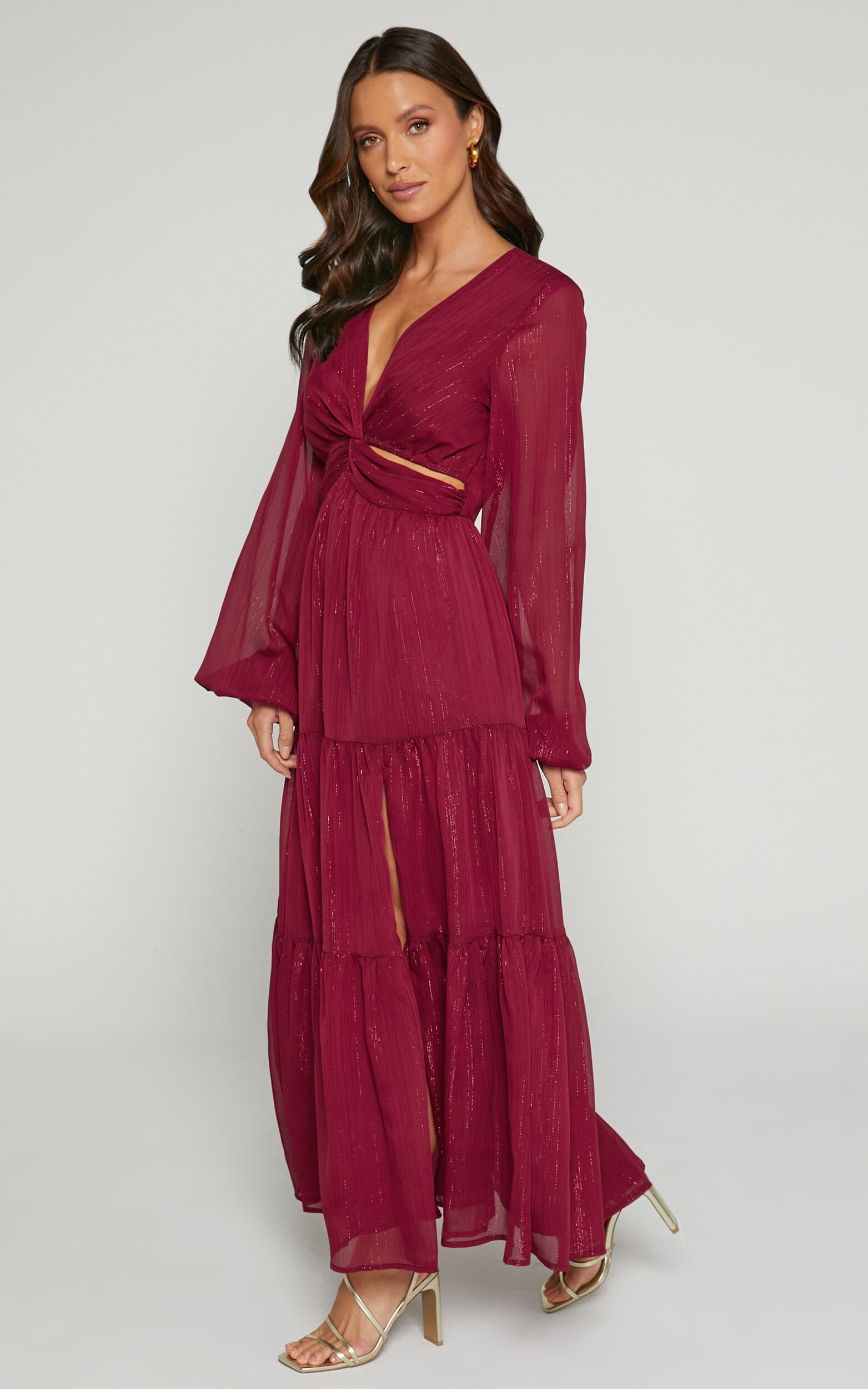 Edelyn Midi Dress - Cut Out Balloon Sleeve Tiered Dress in Burgundy ...