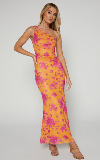 Yohanies Midaxi Dress - One Shoulder Twist Dress in Orange Floral