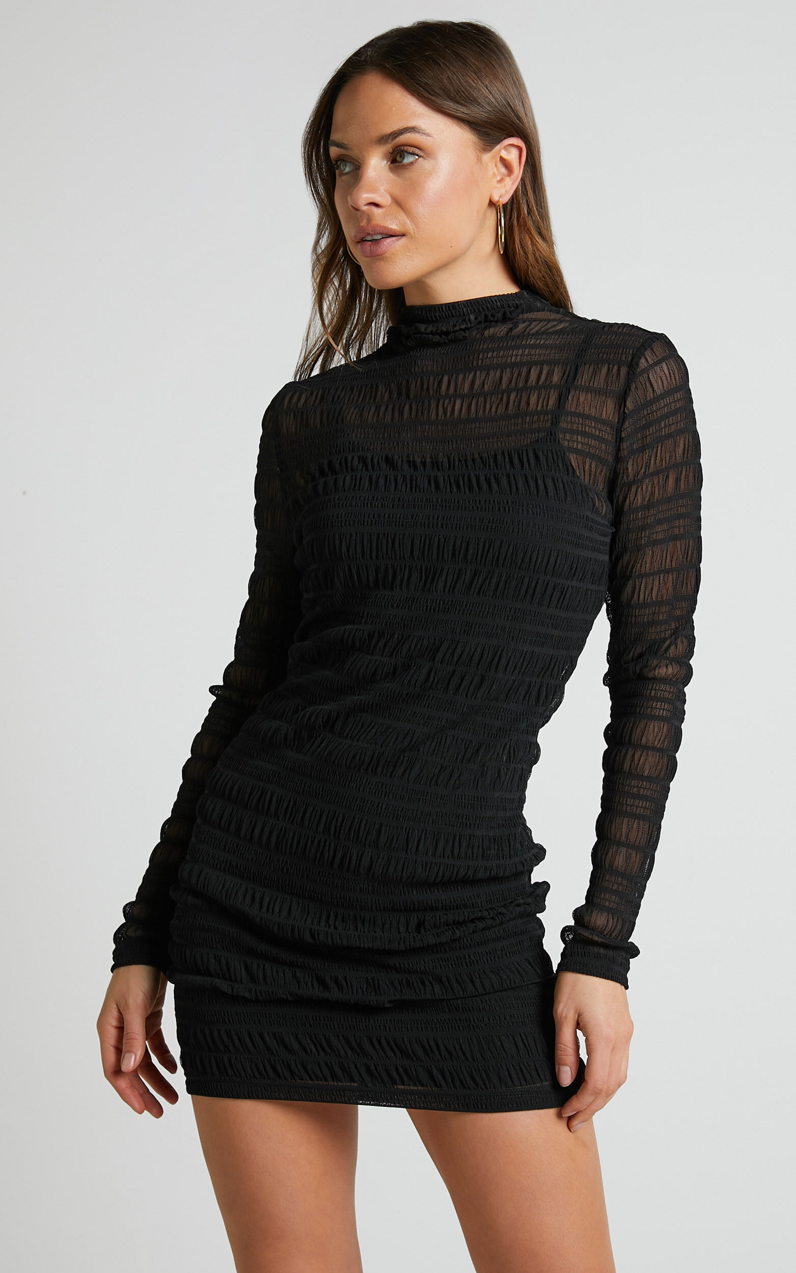 Rhialyn Mini Dress - Long Sleeve Sheer Dress in Black - 16, BLK1