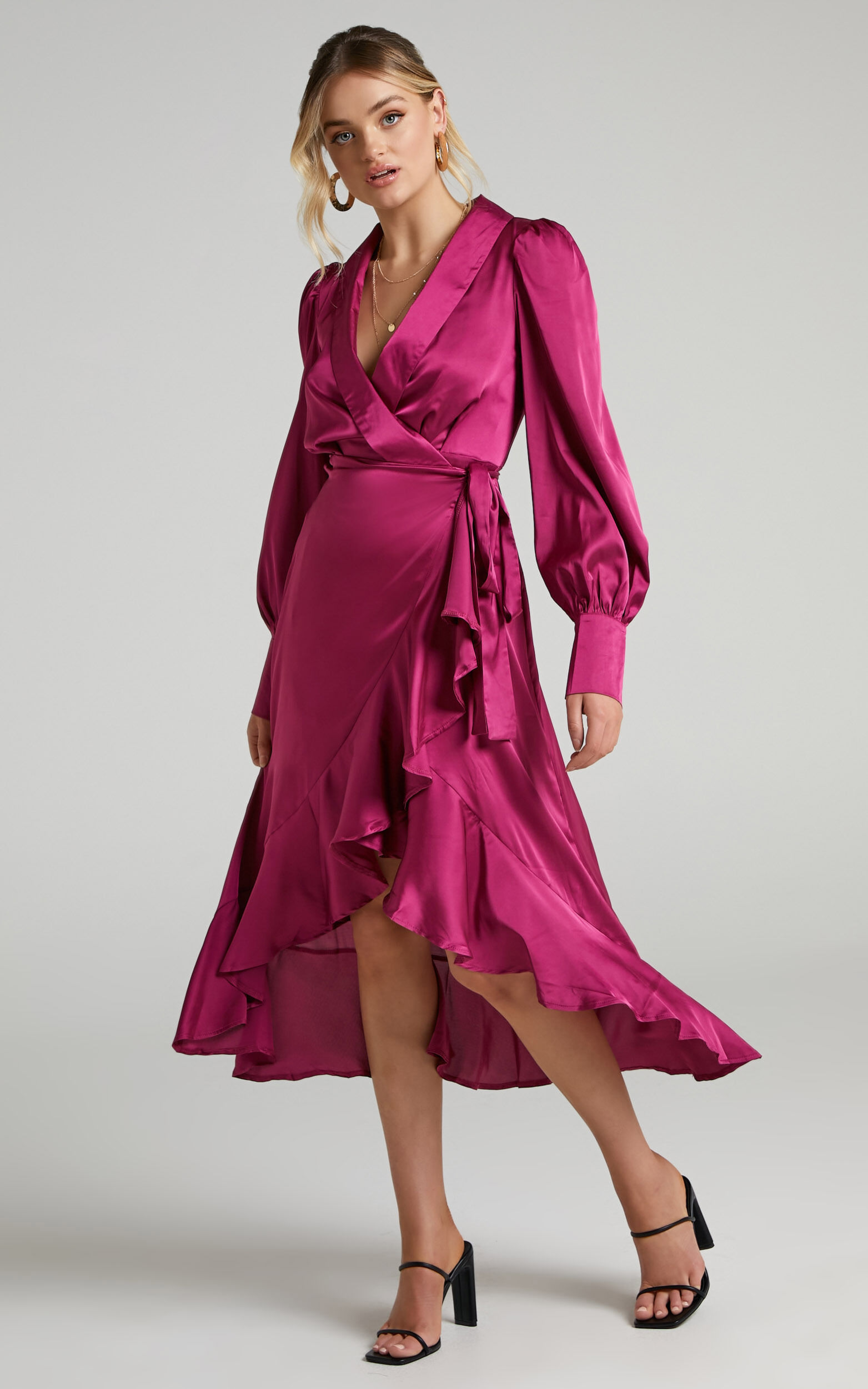 Rada Long Sleeve Frill Wrap Midi Dress in Berry | Showpo