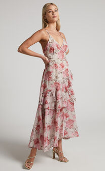 Caliope Maxi Dress - V Neck Tiered Ruffle Dress in Pink Floral