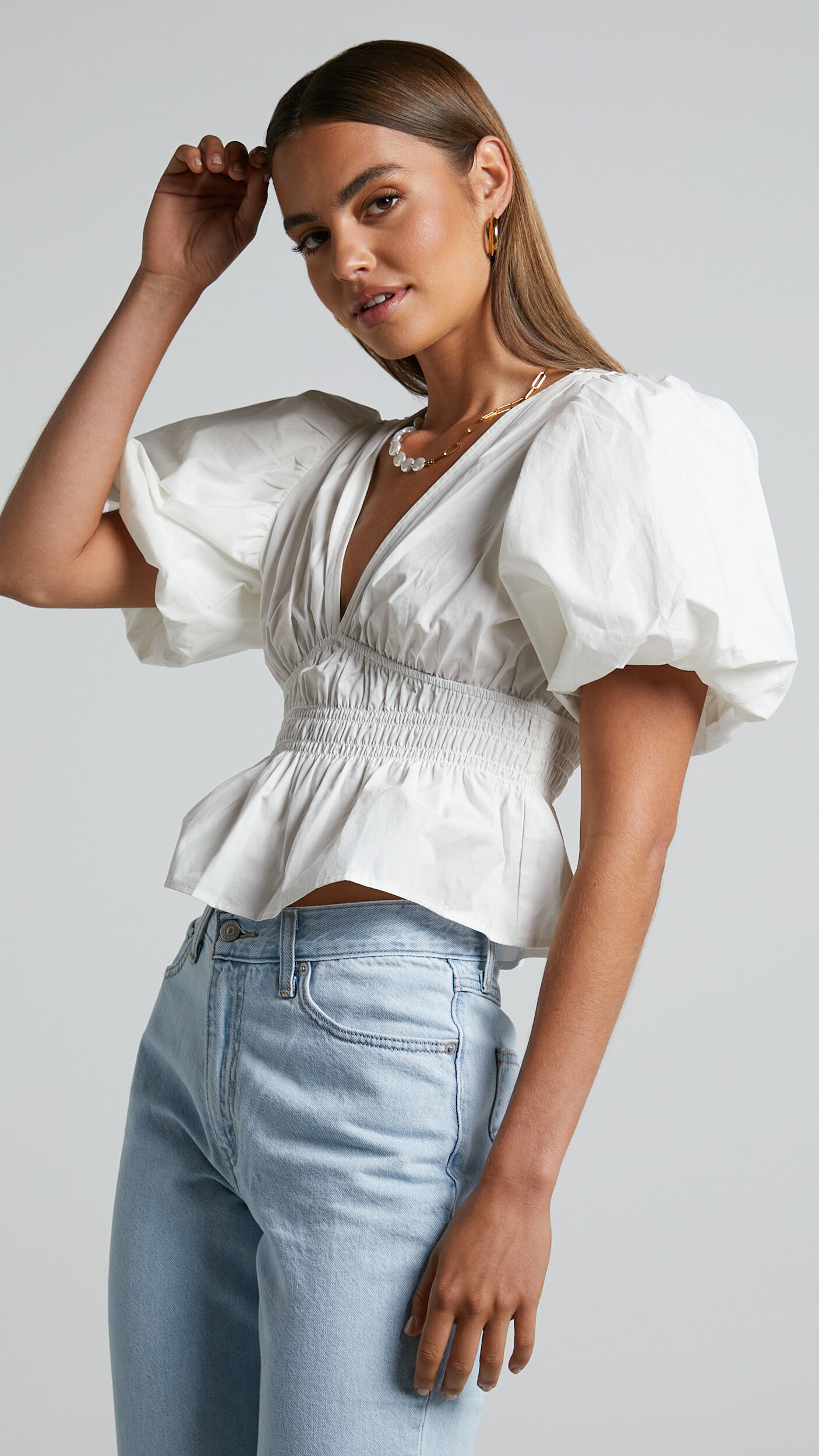 Mellie Top - Puff Sleeve Peplum Top in White - 04, WHT1, super-hi-res image number null