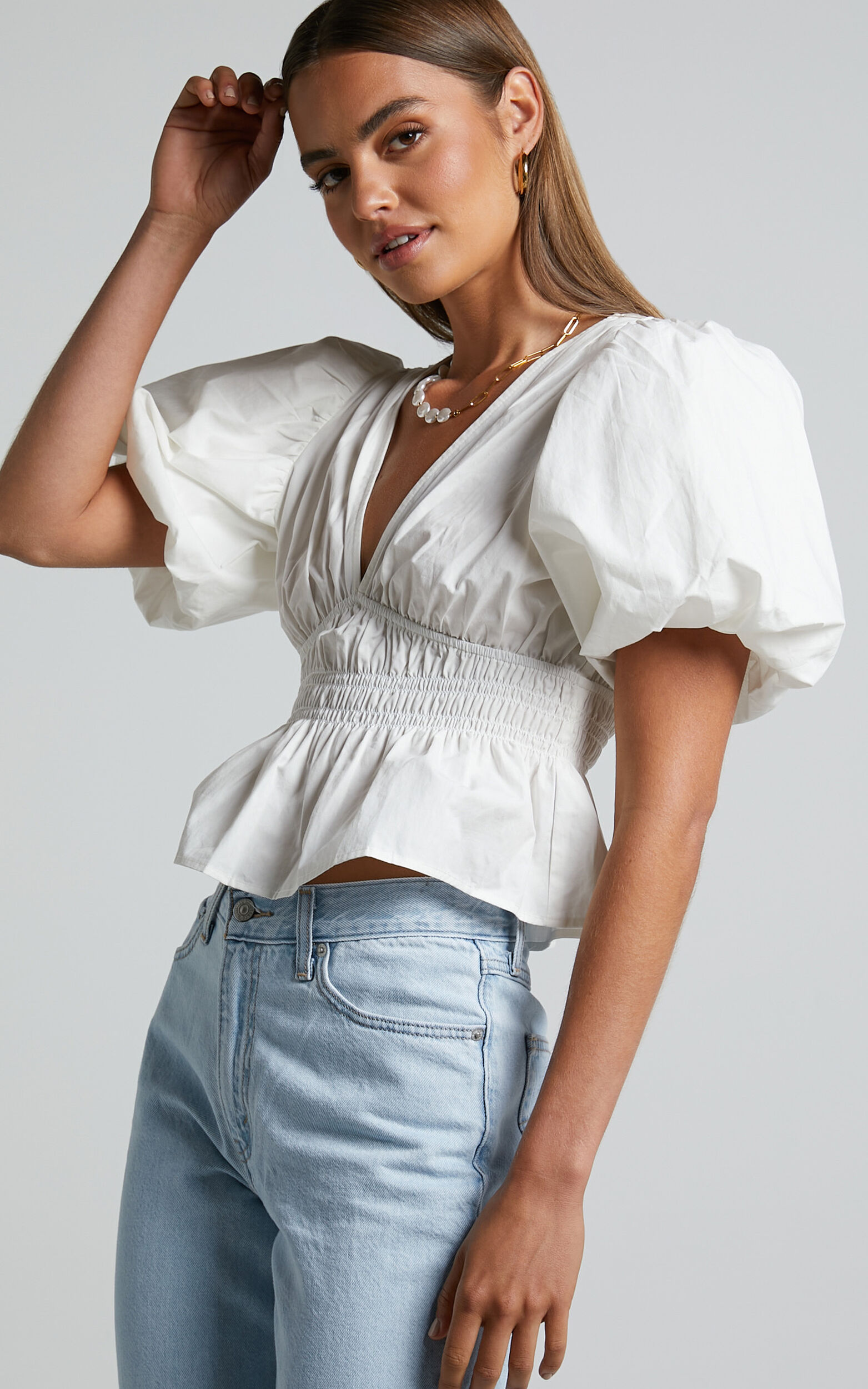 Mellie Top - Puff Sleeve Peplum Top in White - 04, WHT1