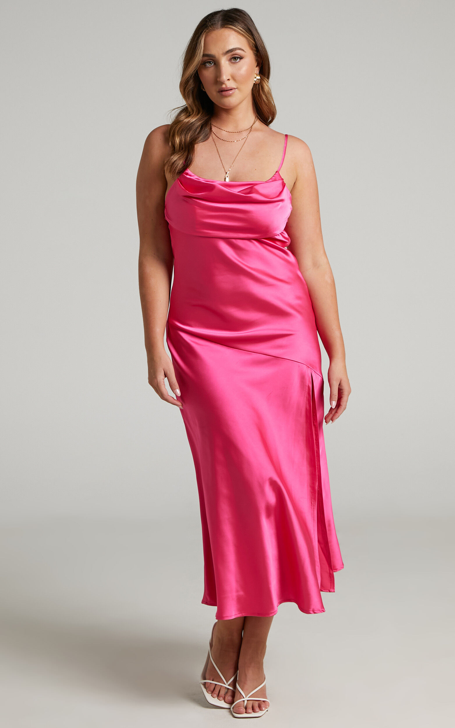 Yasari Midi Dress - Cowl Neck Dress in Pink | Showpo