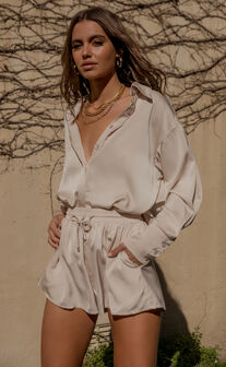Azurine Oversized Button Up Satin Shirt in OYSTER