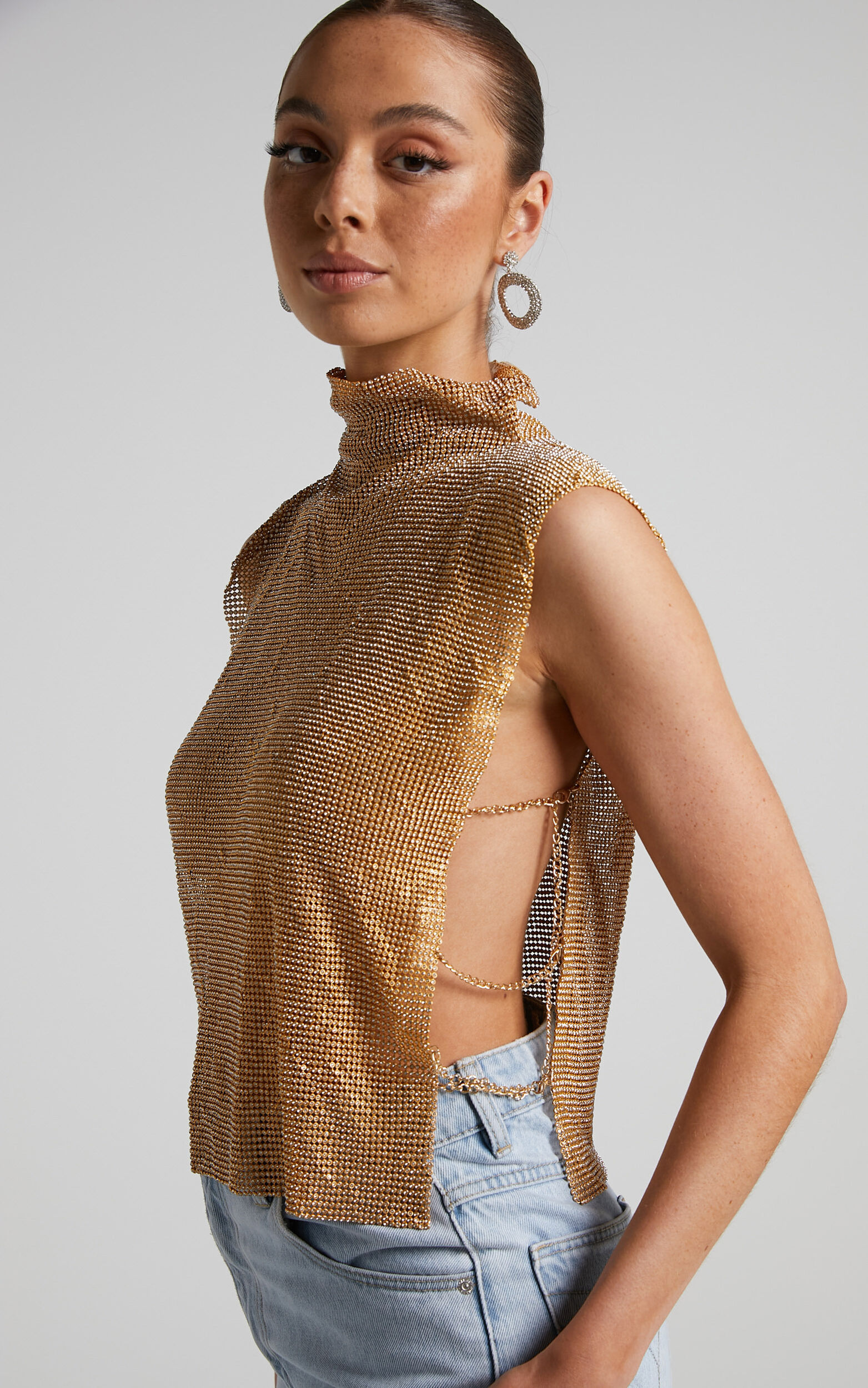 Dalena Top - Sleeveless High Neck Mesh Chainmail Top in Gold - L, GLD1