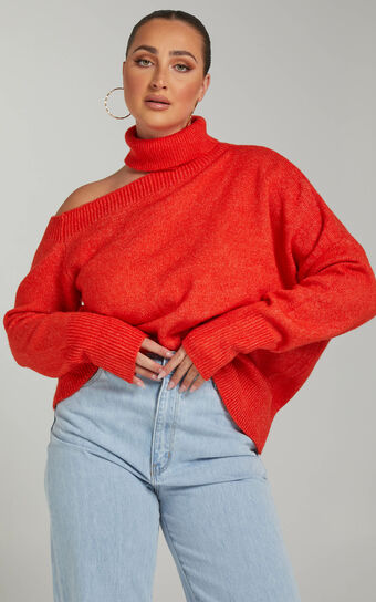 Ceila Knit Top with Shoulder Cut Out in Orange