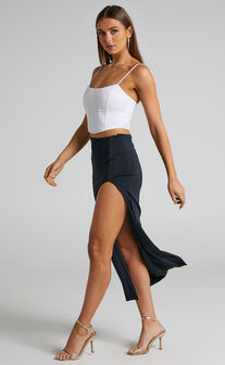 Elvie Midi Skirt - High Split Skirt in Black